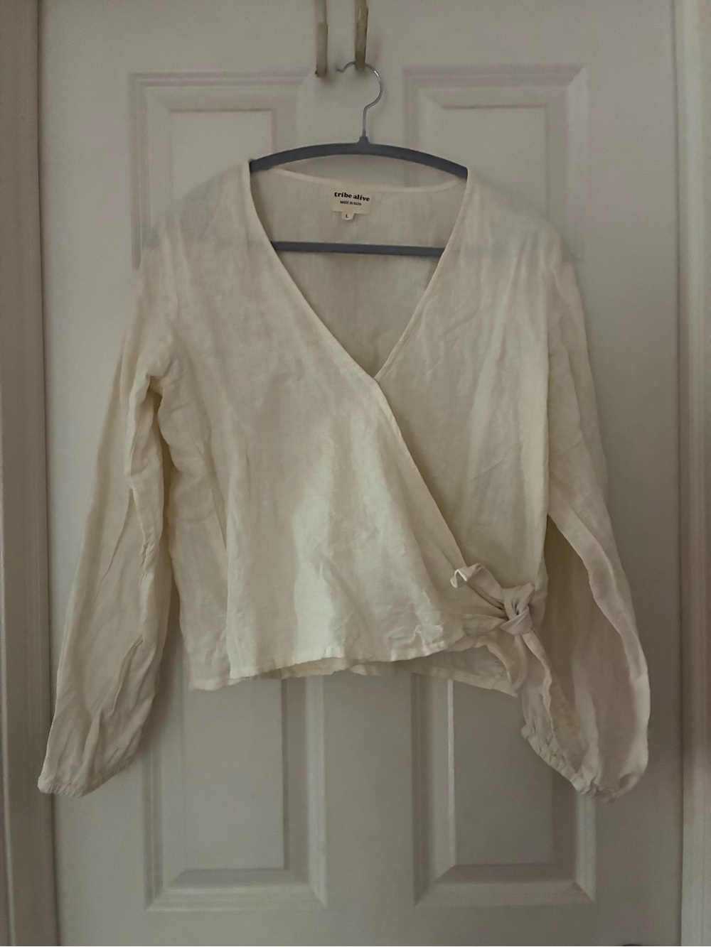 Tribe Alive Cream Linen Wrap Blouse